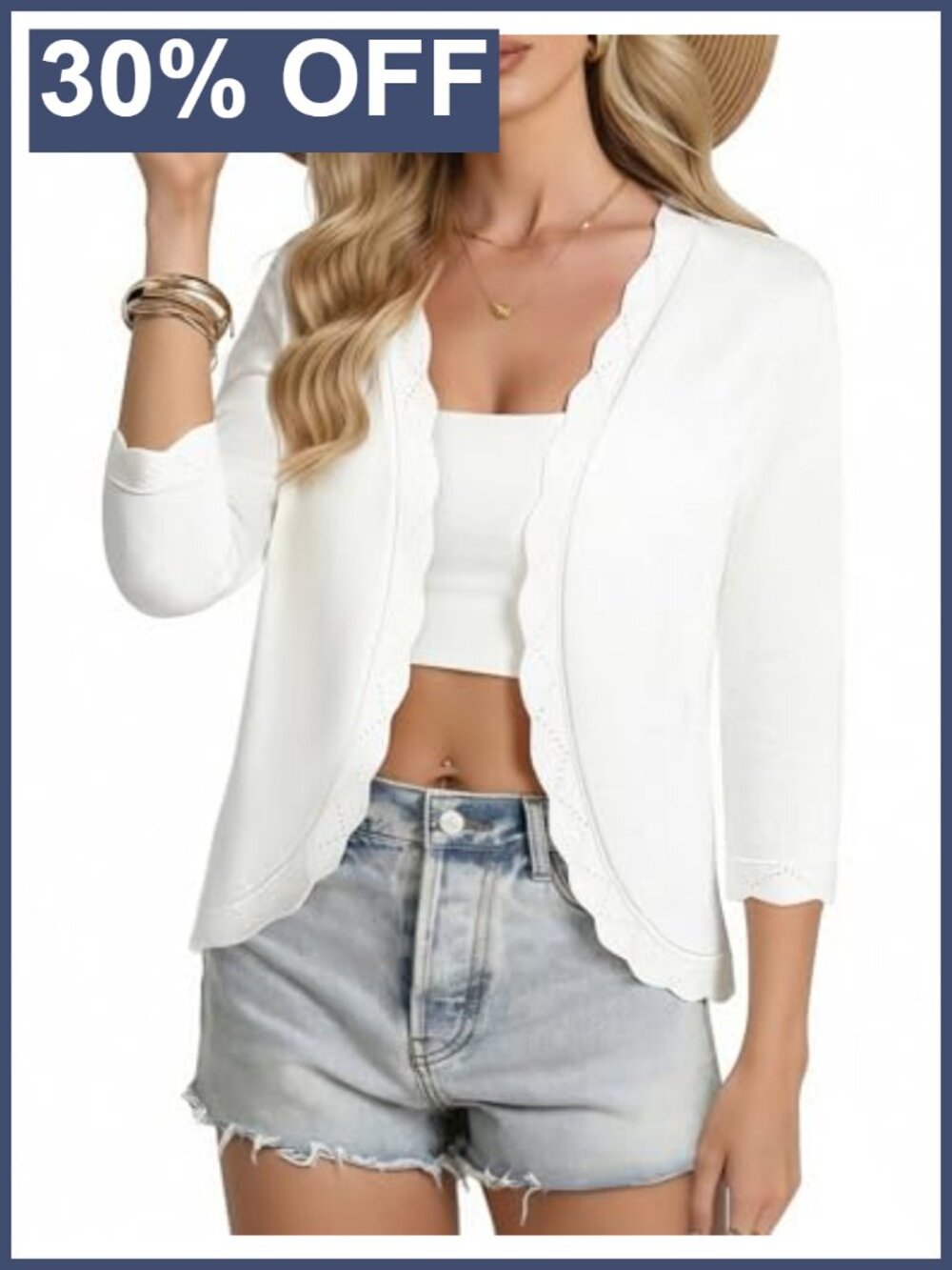 Lightweight Cropped Cardigan 3/4 Sleeve Open Front Scalloped Trim Shrug